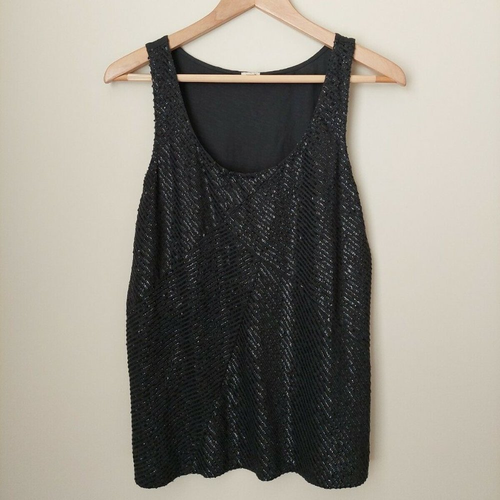 J. CREW Tank- Black Charcoal Gray Cotton Slub Stripe Sequins Scoop Neck